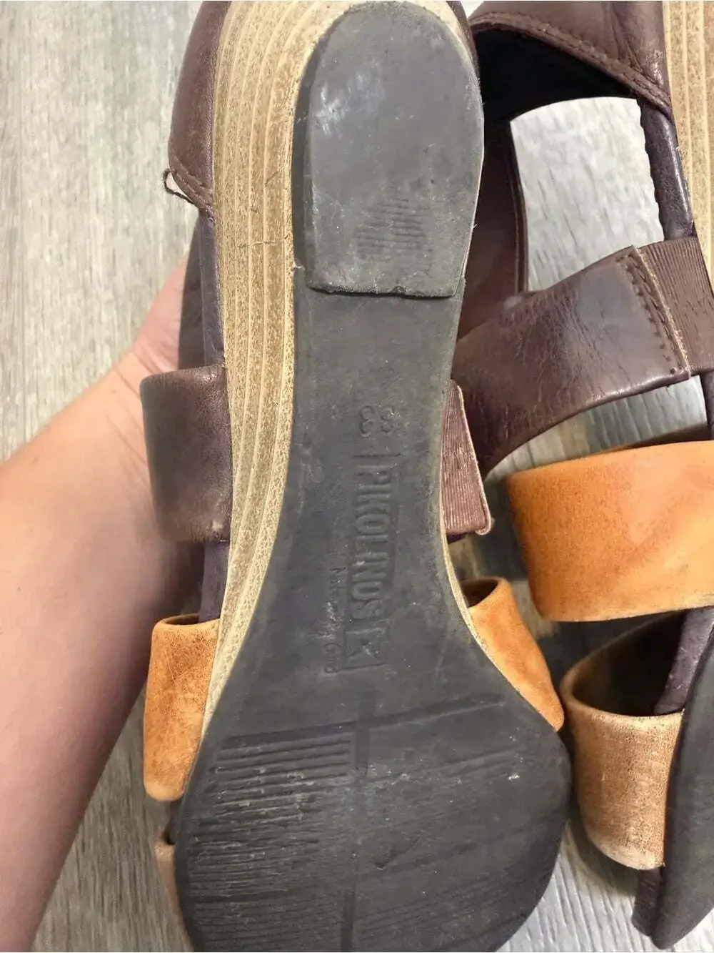 PIKOLINOS Two-Tone Leather Wedge Sandals - Dark Brown & Tan size 38